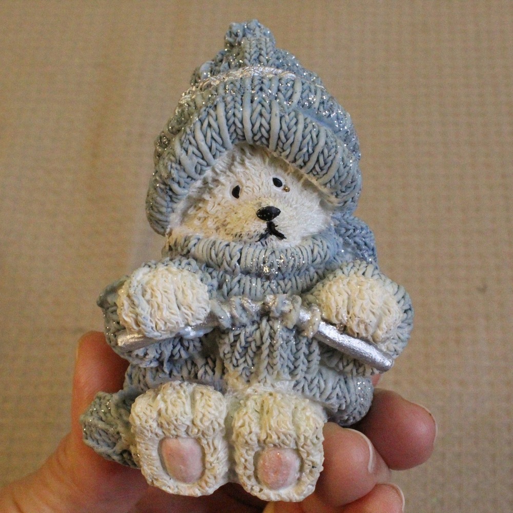 Resin Polar Bear Figurine Small Blue Sweater Glitter Winter Cottagecore 3.5in